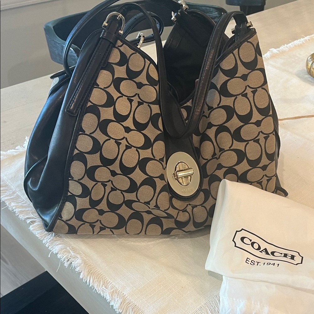Coach Tan and Black Signature Shoulder Bag